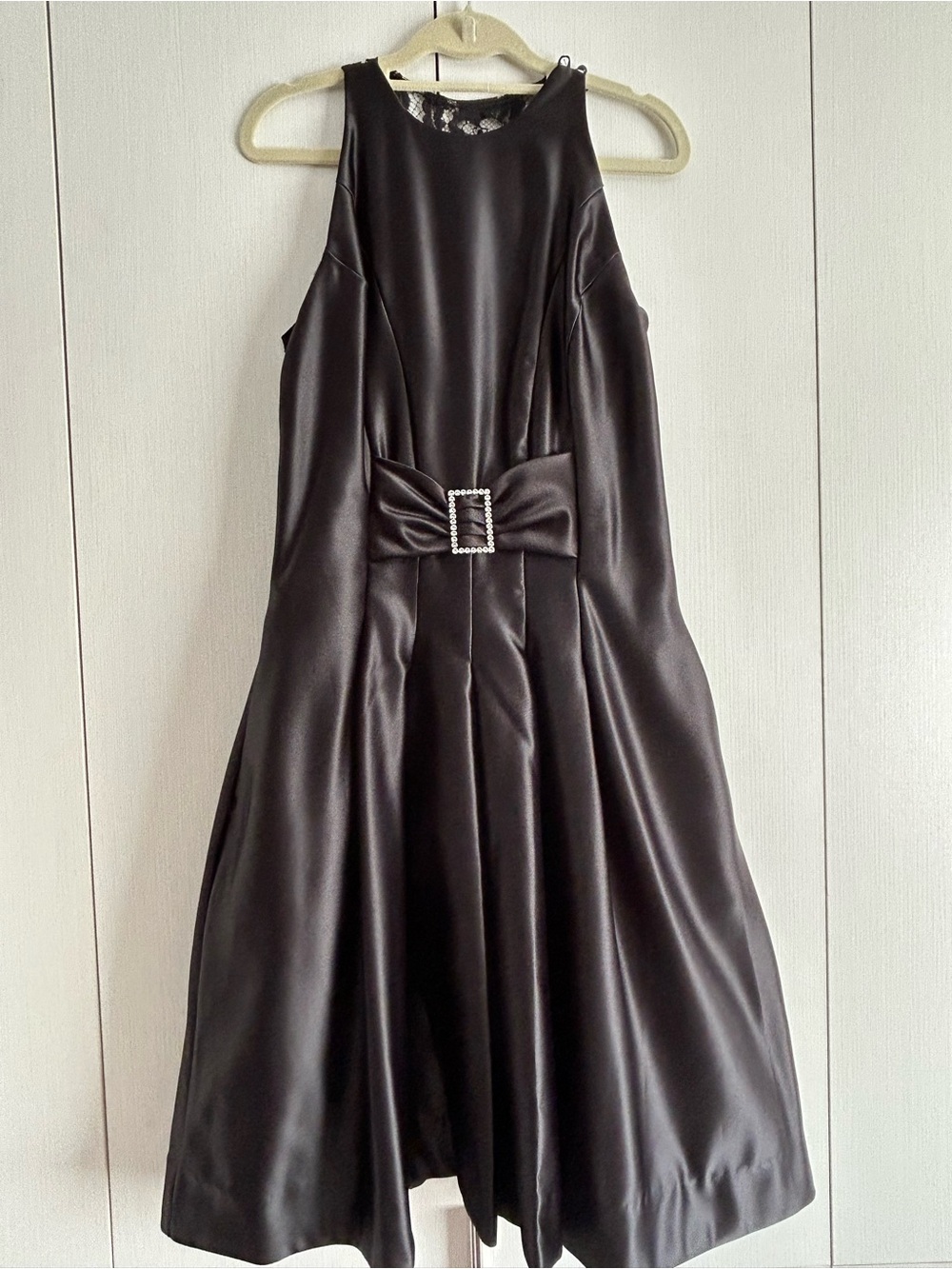 Scott McClintock Black Satin Prom Dress with Rhinestone Buckle
